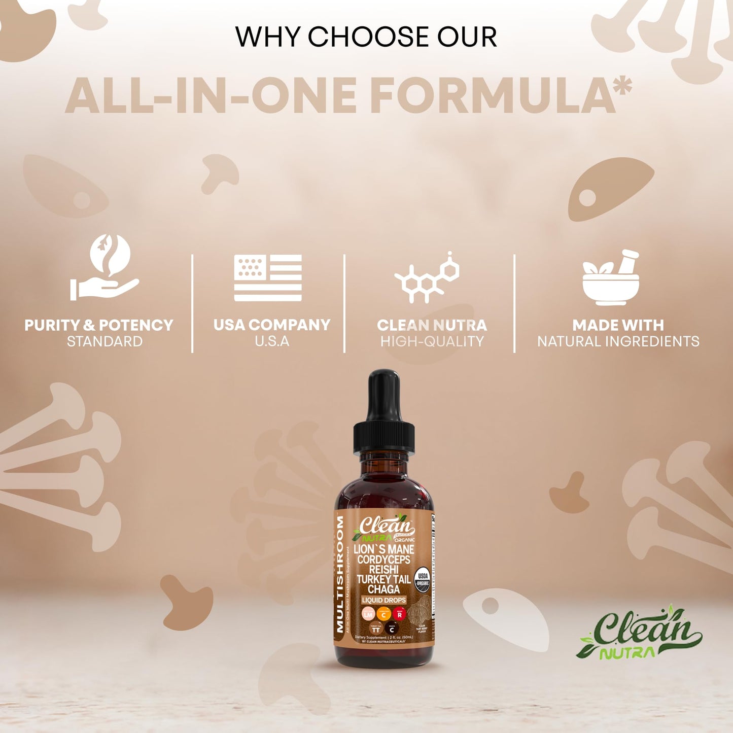 Clean Nutra Mushroom Liquid Drops | Lions Mane, Cordyceps, Reishi & Turkey Tail