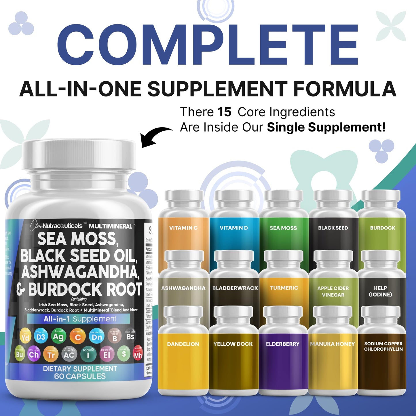 Clean Nutraceuticals Sea Moss & Black Seed Oil 15-in-1 with Ashwagandha, Turmeric, Vitamin C & D3