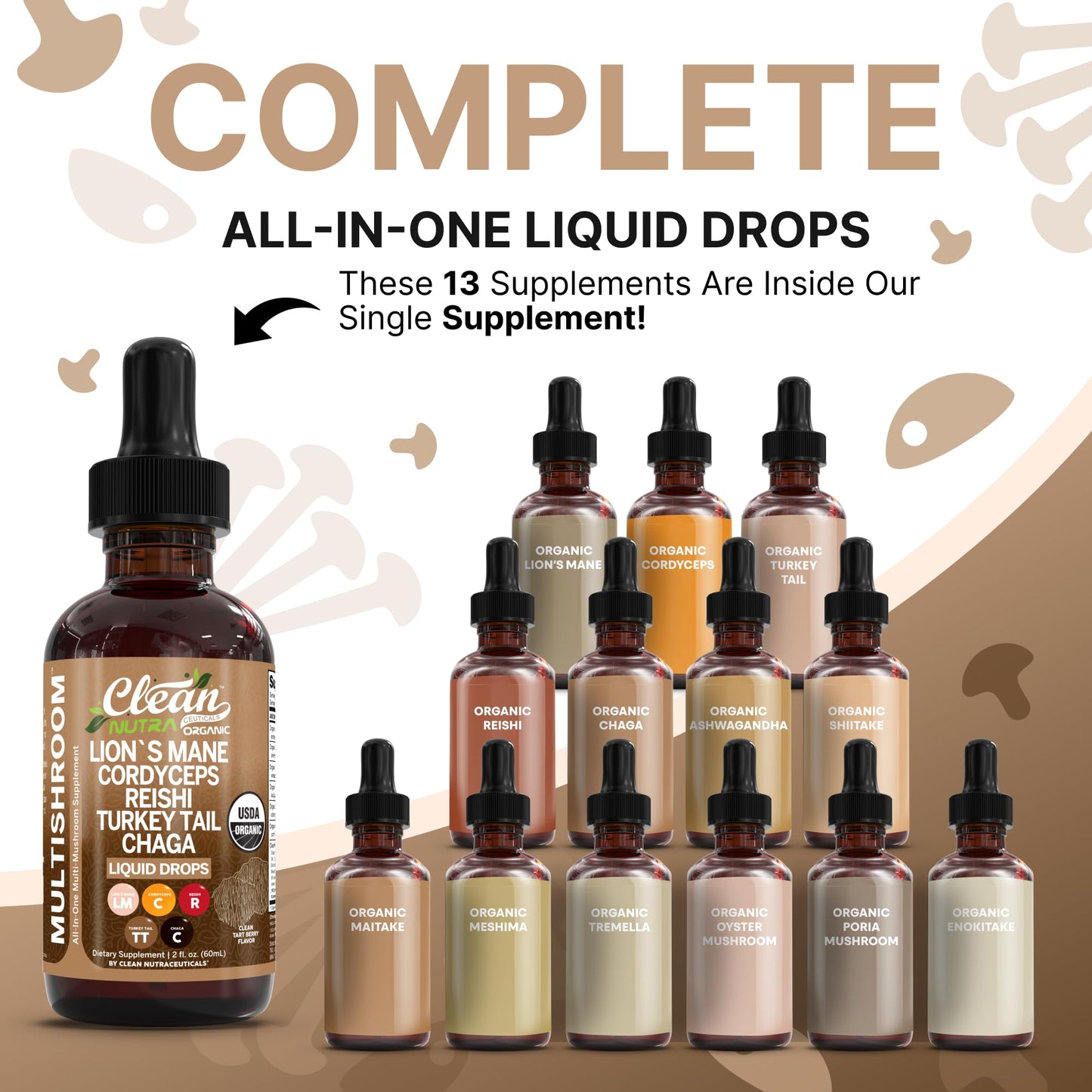 Clean Nutra Mushroom Liquid Drops | Lions Mane, Cordyceps, Reishi & Turkey Tail