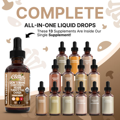 Clean Nutra Mushroom Liquid Drops | Lions Mane, Cordyceps, Reishi & Turkey Tail