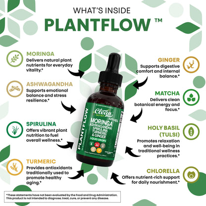 Clean Nutra Moringa Supplement Drops Ashwagandha Spirulina Chlorella Turmeric & Ginger Liquid Barley Grass with Chlorophyll Blue Green Algae Vitamin C Antioxidant Holy Basil Ceylon Cinnamon PlantFlow