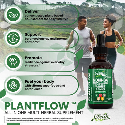 Clean Nutra Moringa Supplement Drops Ashwagandha Spirulina Chlorella Turmeric & Ginger Liquid Barley Grass with Chlorophyll Blue Green Algae Vitamin C Antioxidant Holy Basil Ceylon Cinnamon PlantFlow