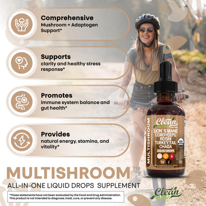Clean Nutra Mushroom Liquid Drops | Lions Mane, Cordyceps, Reishi & Turkey Tail
