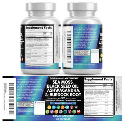 Clean Nutraceuticals Sea Moss & Black Seed Oil 15-in-1 with Ashwagandha, Turmeric, Vitamin C & D3