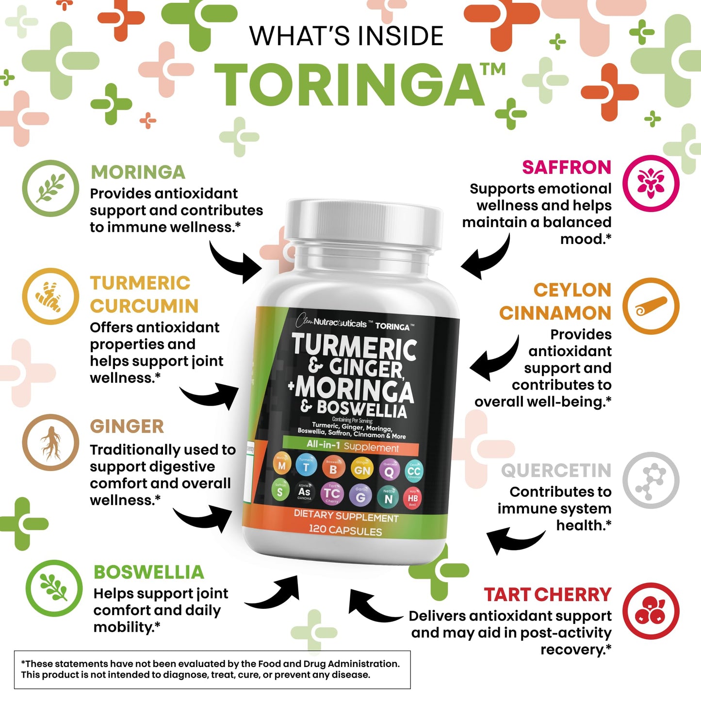 Clean Nutra All-in-One Turmeric Moringa Supplement Ginger Boswellia Saffron - 1Pack