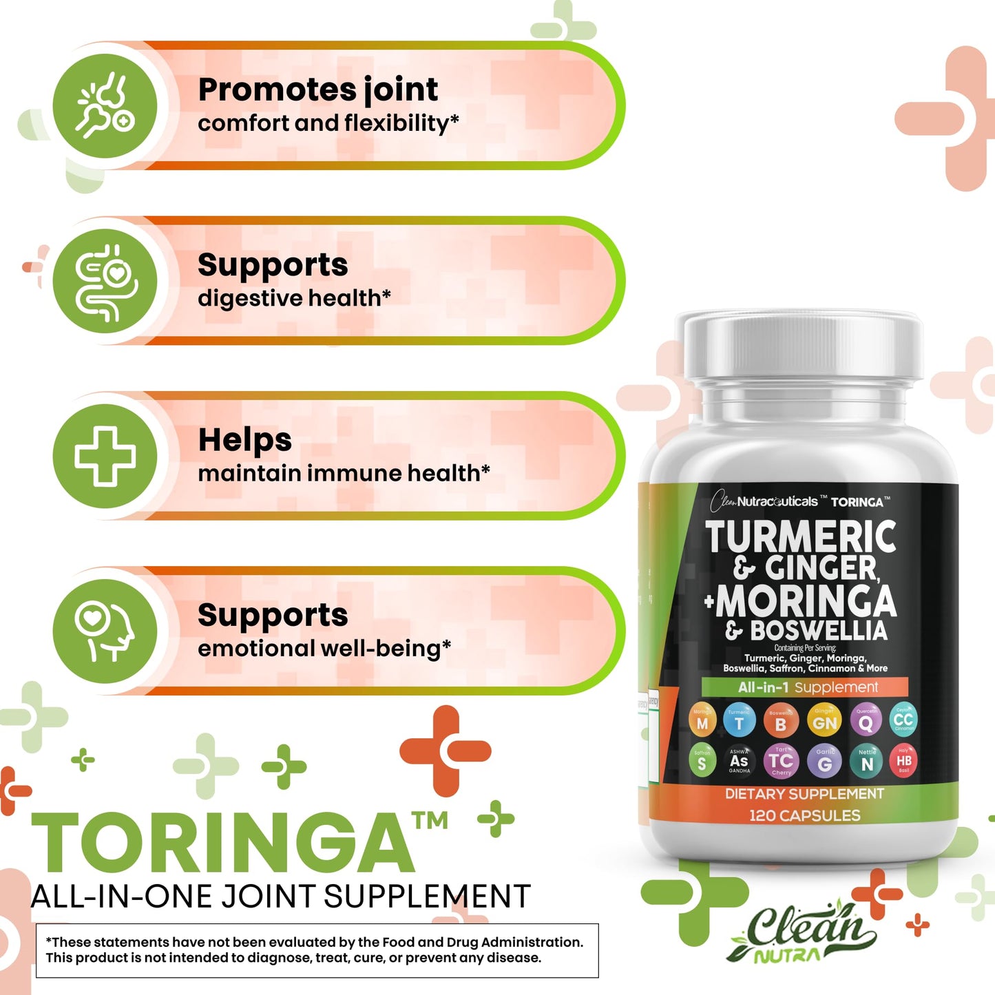 Clean Nutra All-in-One Turmeric Moringa Supplement Ginger Boswellia Saffron - 1Pack