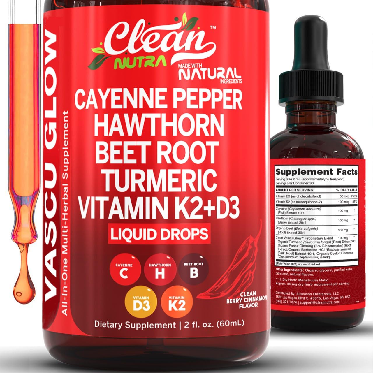 Clean Nutra Vascu Glow All-in-One: Cayenne Pepper Drops + Hawthorn Berry