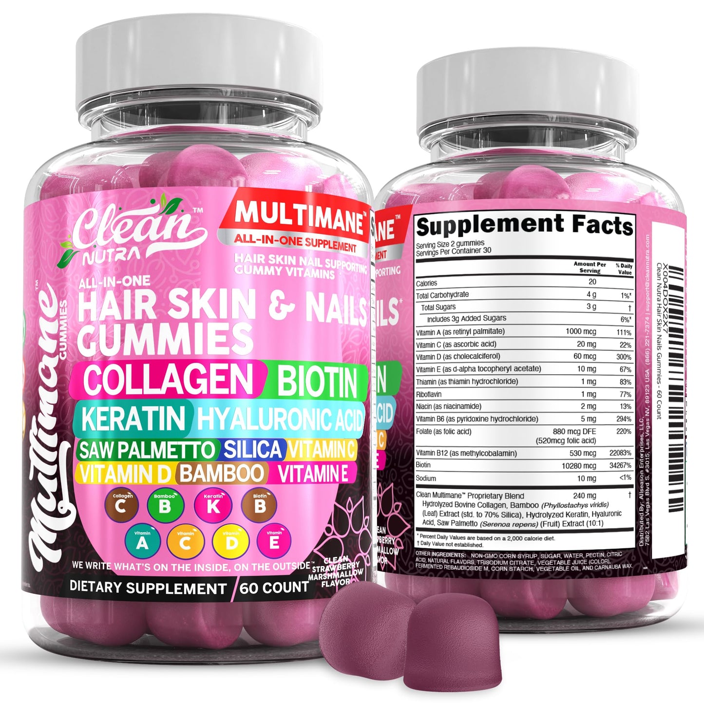 Clean Nutraceuticals Biotin Collagen Keratin Gummies | Hair, Skin & Nails Vitamins for Women