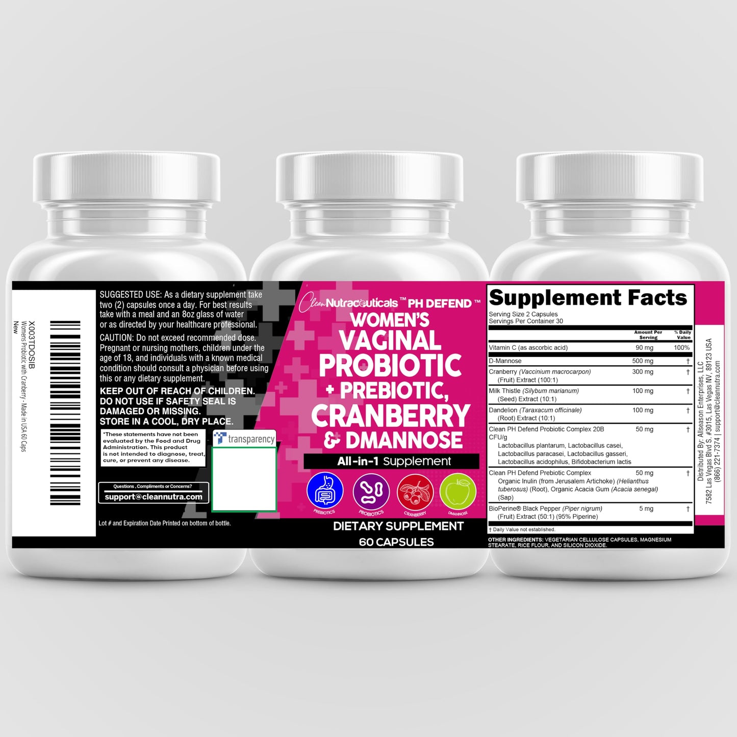 Clean Nutraceuticals Vaginal Probiotics + Prebiotics, 20B CFU Cranberry + D-Mannose Pills – 2-Pack