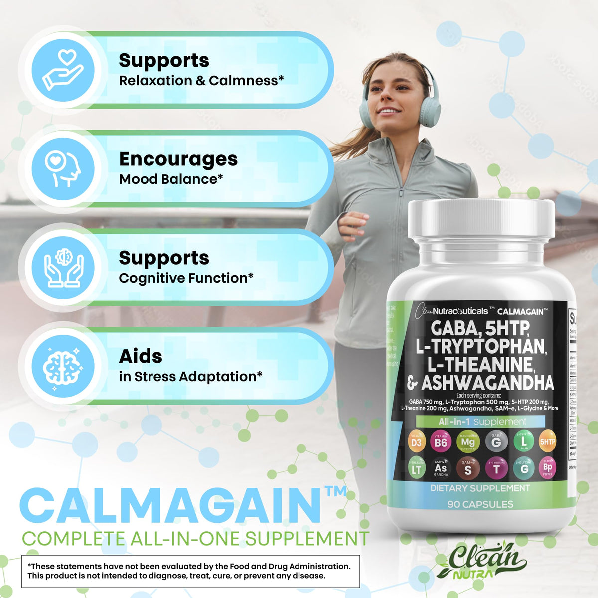 CalmAgain All-In-One Mood Support — Clean Nutraceuticals, GABA, L-Theanine, 5-HTP, Ashwagandha (90 Count, Pack of 5)