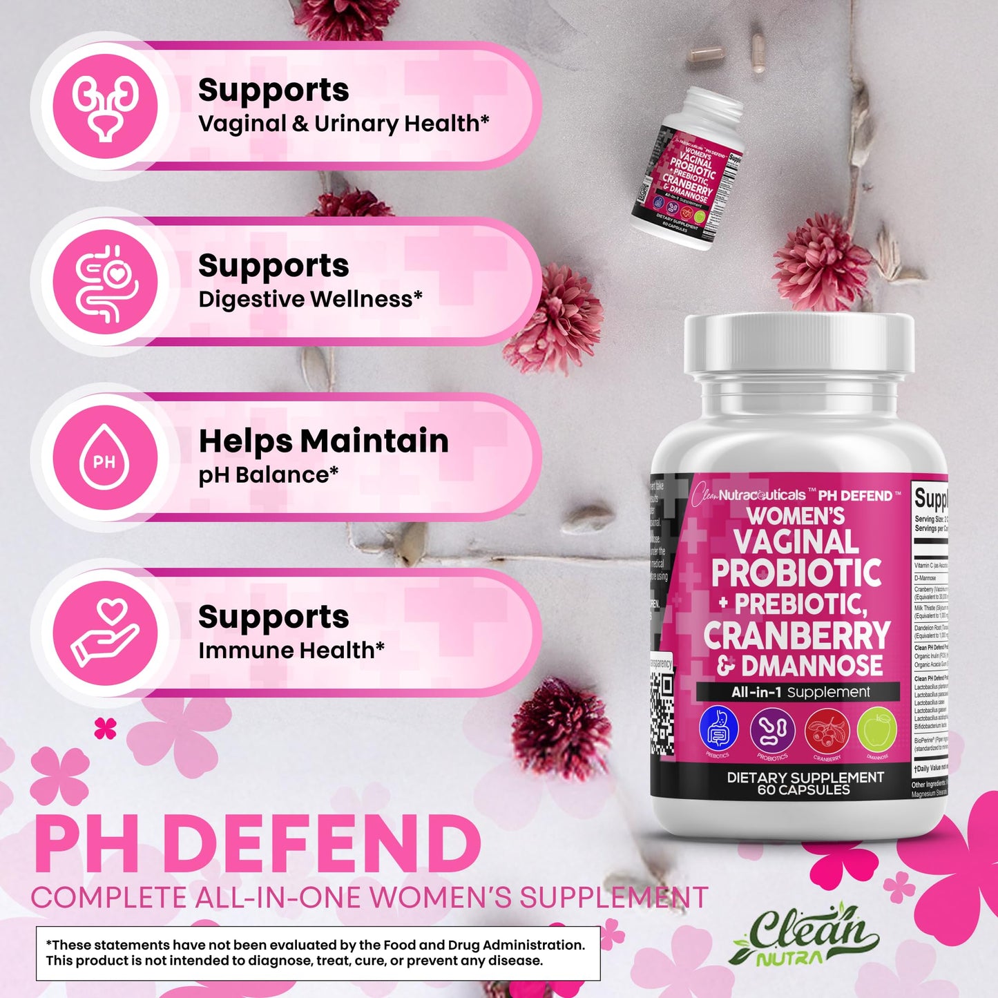 Clean Nutraceuticals Vaginal Probiotics + Prebiotics 20B – Cranberry & D-Mannose Urinary Health, 3-Pack
