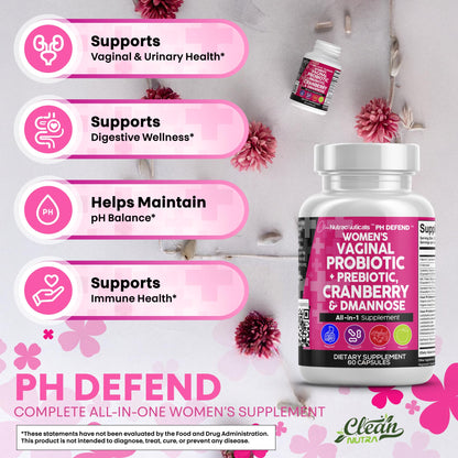 Clean Nutraceuticals Vaginal Probiotics + Prebiotics, 20B CFU Cranberry + D-Mannose Pills – 2-Pack