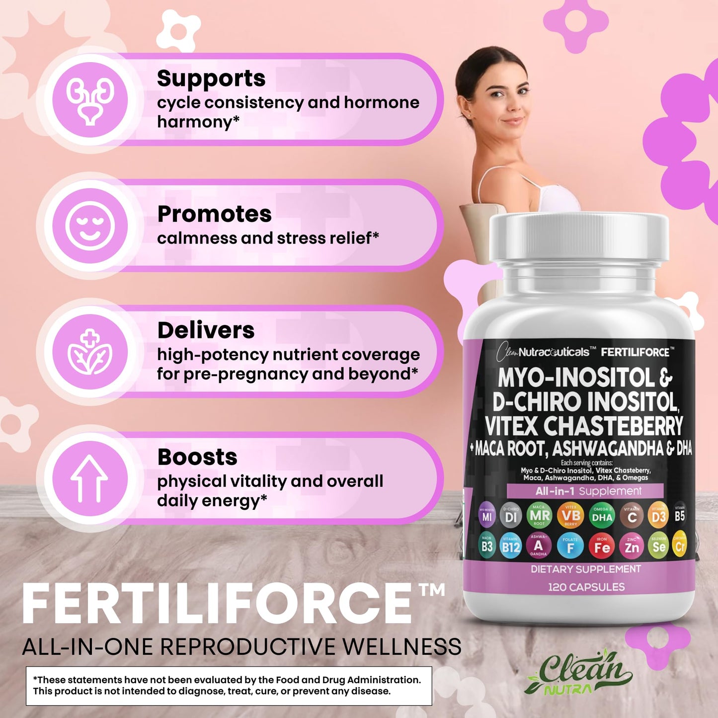 Clean Nutraceuticals Myo-Inositol & D-Chiro Inositol 2050mg Fertility Supplement 40:1 Ratio - Prenatal Vitamins
