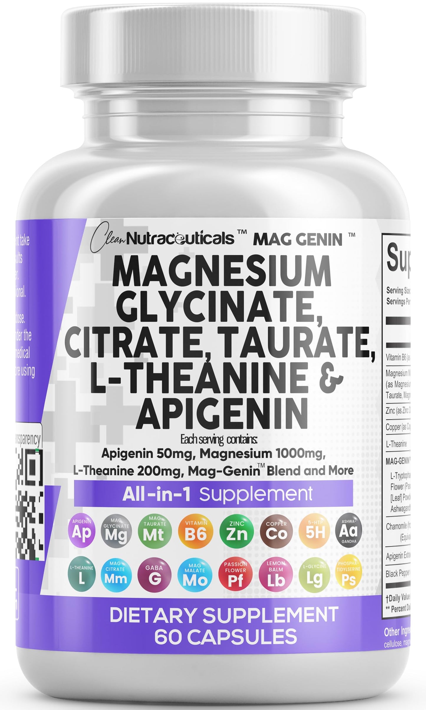 Magnesium Glycinate Complex 1000mg with L-Theanine & Apigenin – 60 Count | Clean Nutraceuticals