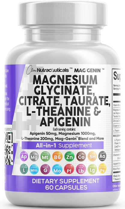 Magnesium Glycinate Complex 1000mg with L-Theanine & Apigenin – 60 Count | Clean Nutraceuticals