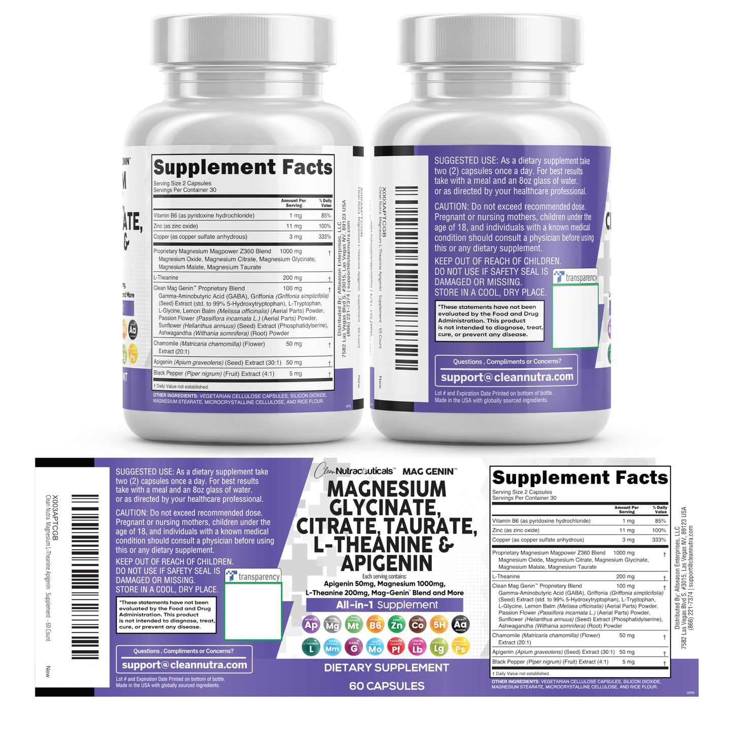Clean Nutraceuticals Magnesium Glycinate Complex 1000mg with L-Theanine 200mg and Apigenin 50mg Citrate Taurate – 60 Count Pack of 2