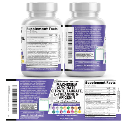Clean Nutraceuticals Magnesium Glycinate Complex 1000mg with L-Theanine 200mg and Apigenin 50mg Citrate Taurate – 60 Count Pack of 2