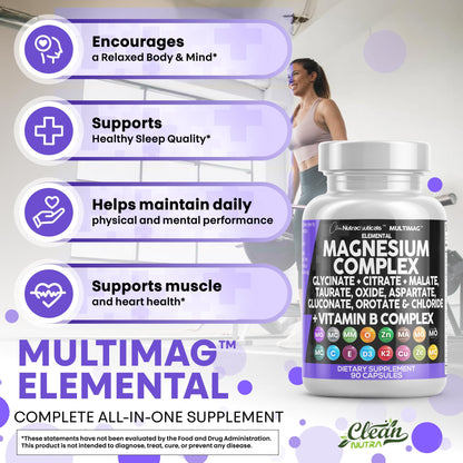 Clean Nutraceuticals MultiMag Magnesium Complex (9 Forms) with Zinc, Copper, Manganese & B Vitamins – 1 Pack