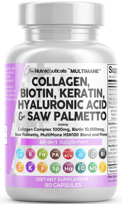 Clean Nutraceuticals Collagen Pills 1000mg with Biotin 10000mcg – Hair, Skin & Nails (90 Count)