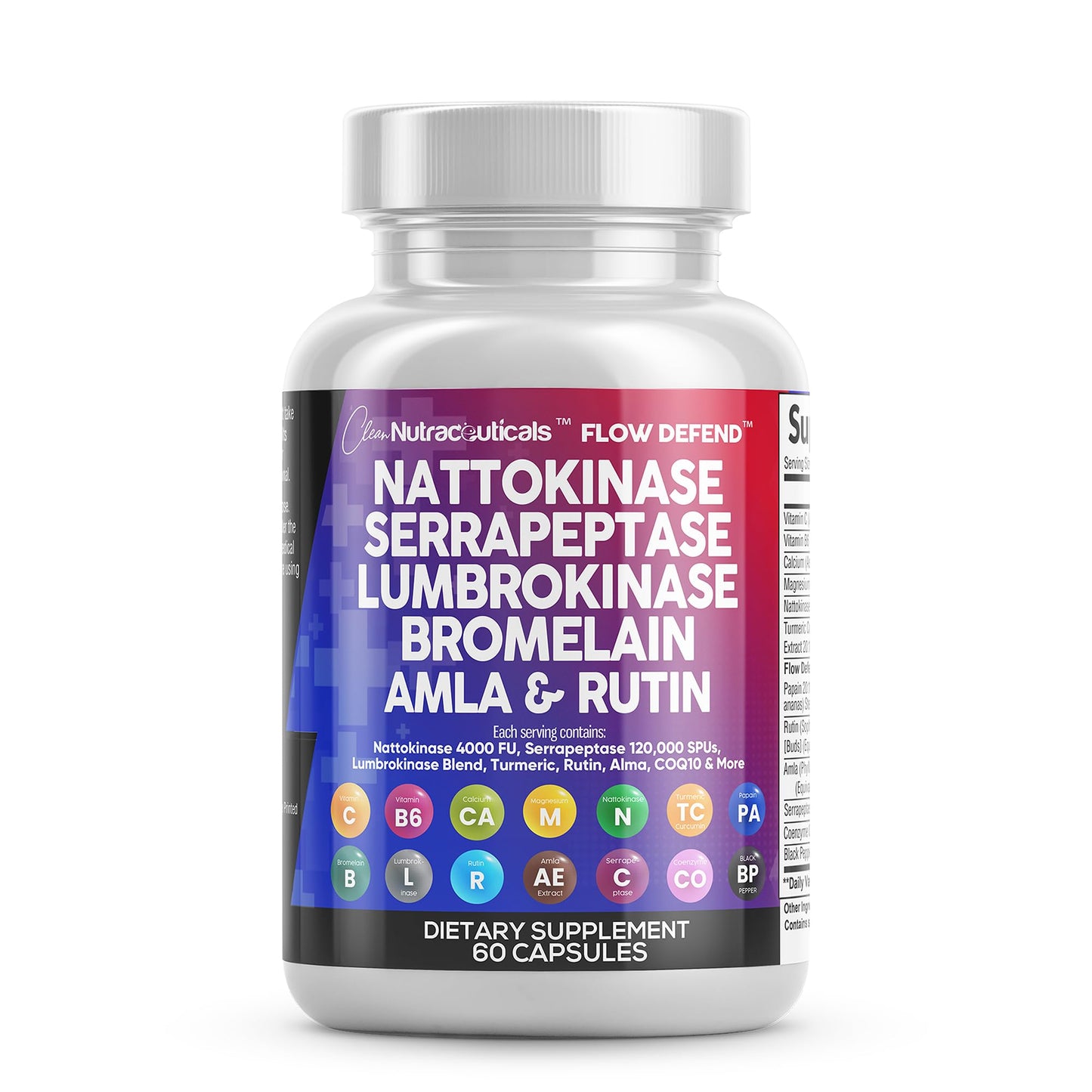 Clean Nutraceuticals Nattokinase 4000 FU & Serrapeptase 120000 SPU – Lumbrokinase Enzyme Supplement with Bromelain, Papain & Vitamins