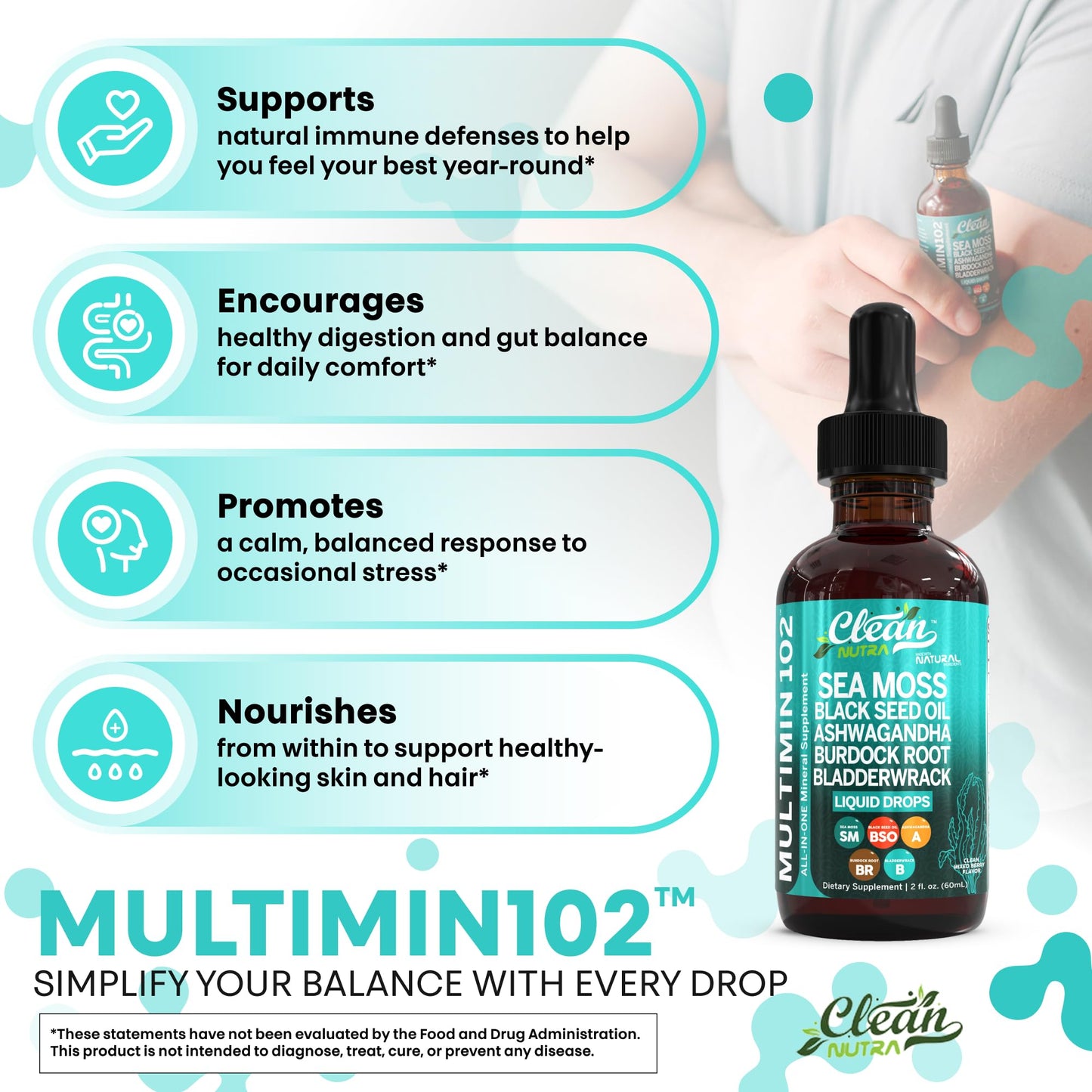 Clean Nutraceuticals Sea Moss Drops – Organic Multimineral Sea Moss Liquid with Ashwagandha & Black Seed Oil