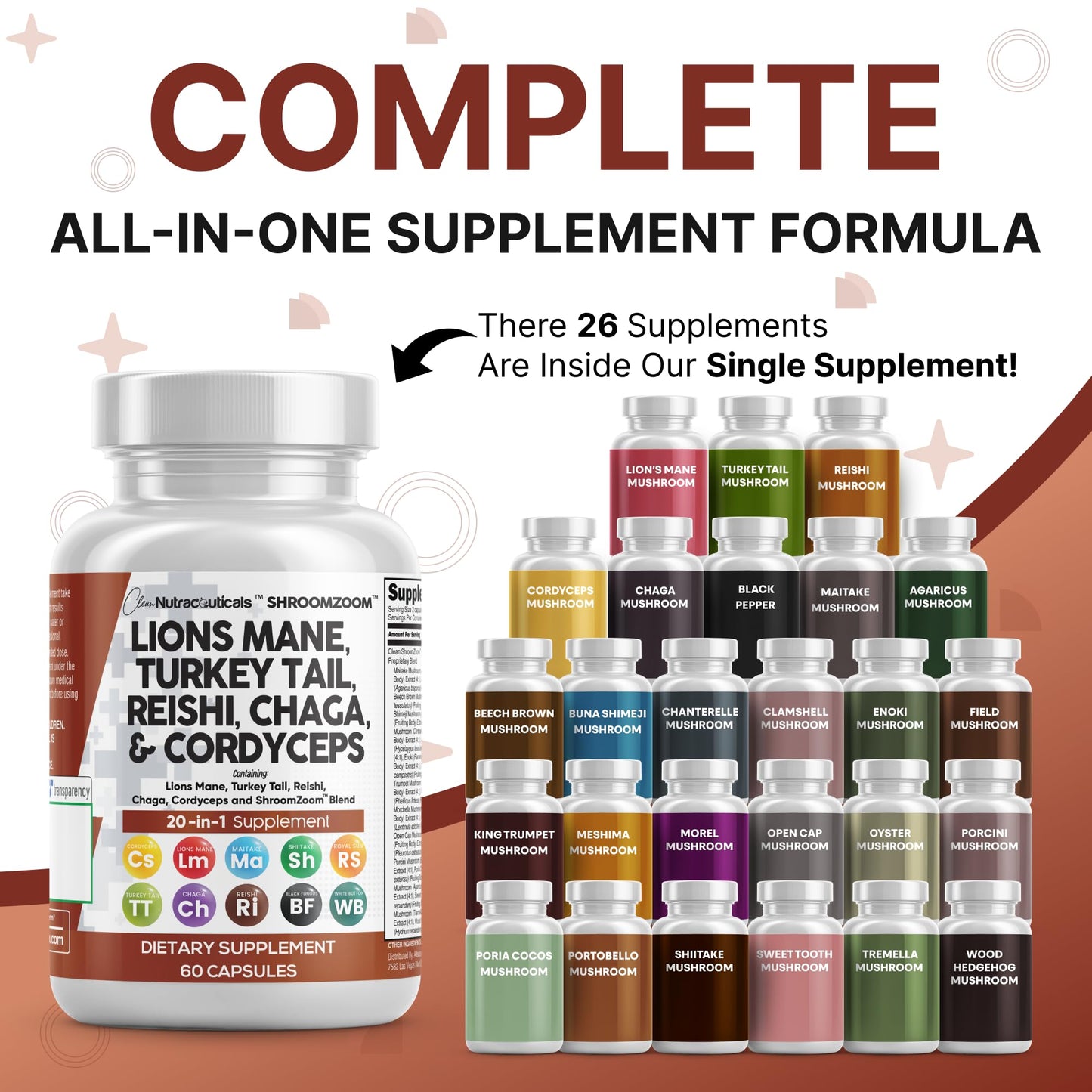 Clean Nutraceuticals 20-in-1 Mushroom Supplement – Lions Mane, Turkey Tail & More (1 Pack)