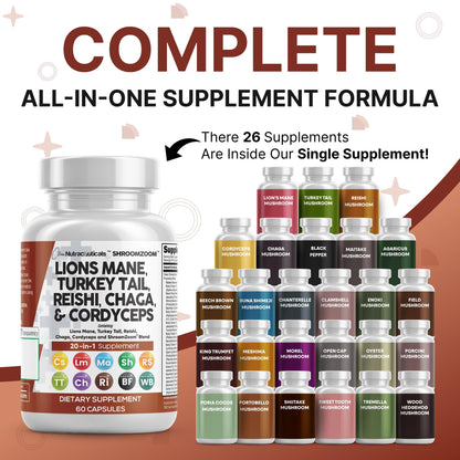 Clean Nutraceuticals 20-in-1 Mushroom Supplement – Lions Mane, Turkey Tail & More (1 Pack)