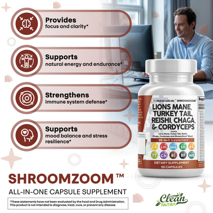 Clean Nutraceuticals 20-in-1 Mushroom Supplement – Lions Mane, Turkey Tail & More (1 Pack)