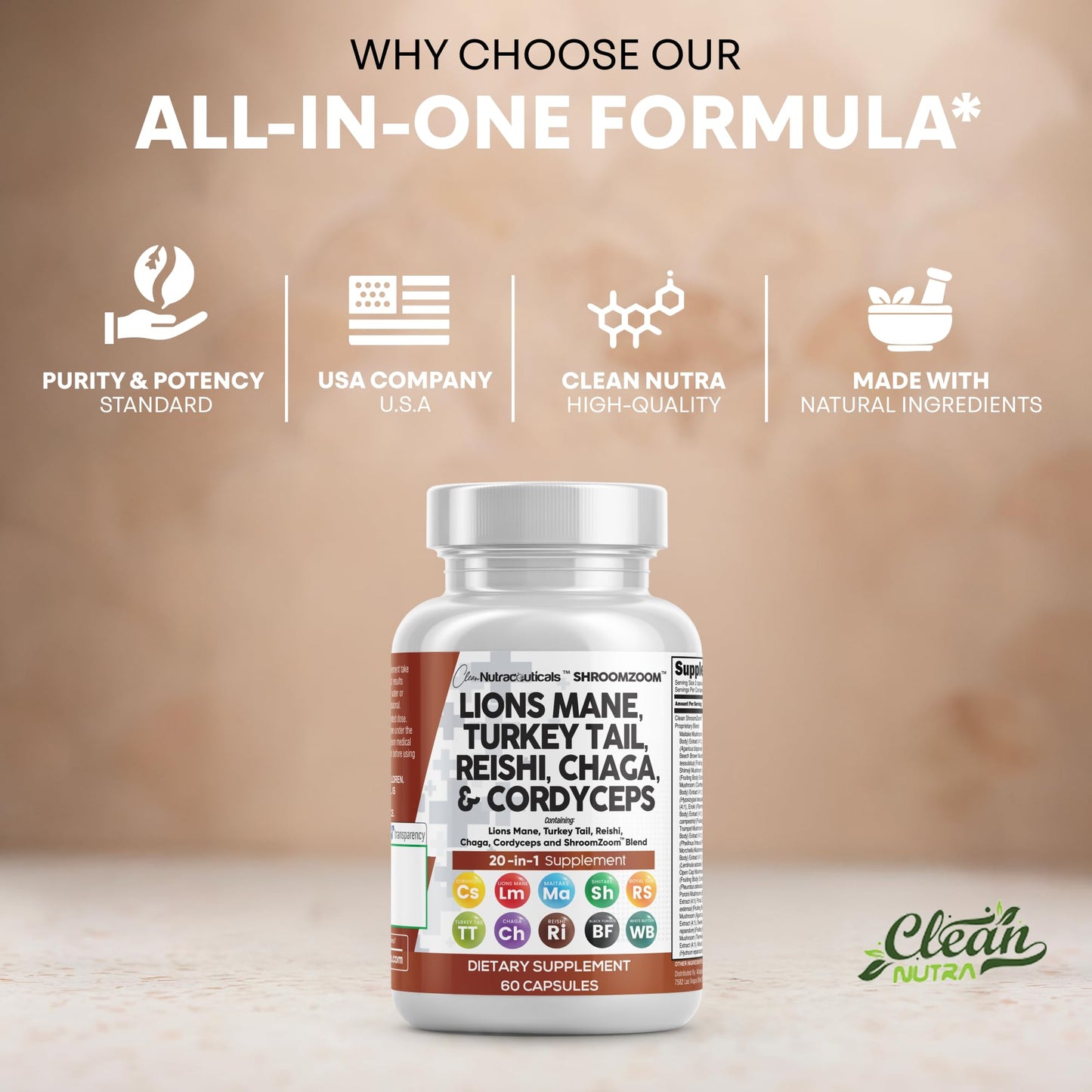 Clean Nutraceuticals 20-in-1 Mushroom Supplement – Lions Mane, Turkey Tail & More (1 Pack)