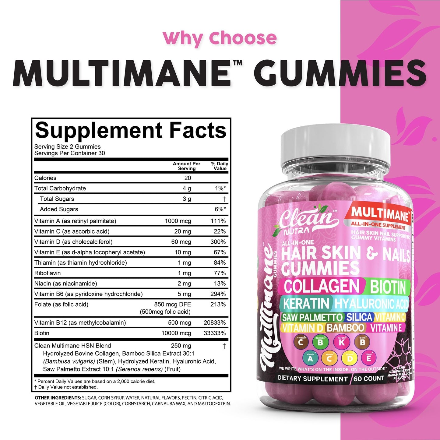 Clean Nutraceuticals Biotin Collagen Keratin Gummies | Hair, Skin & Nails Vitamins for Women