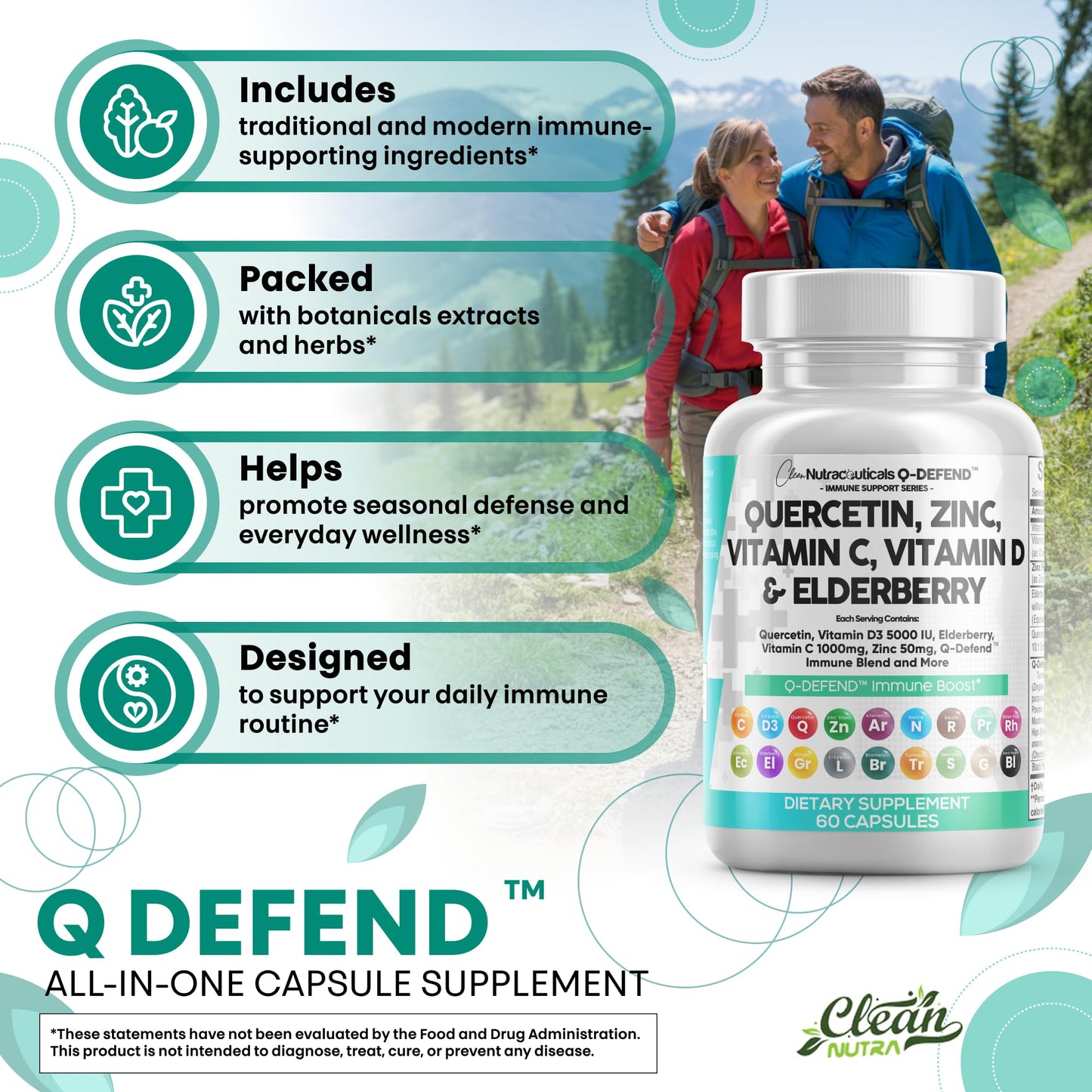 Clean Nutraceuticals Quercetin, Zinc, Vitamin C & D, Bromelain, Elderberry – Lung Immune Support (60 Count x 2)