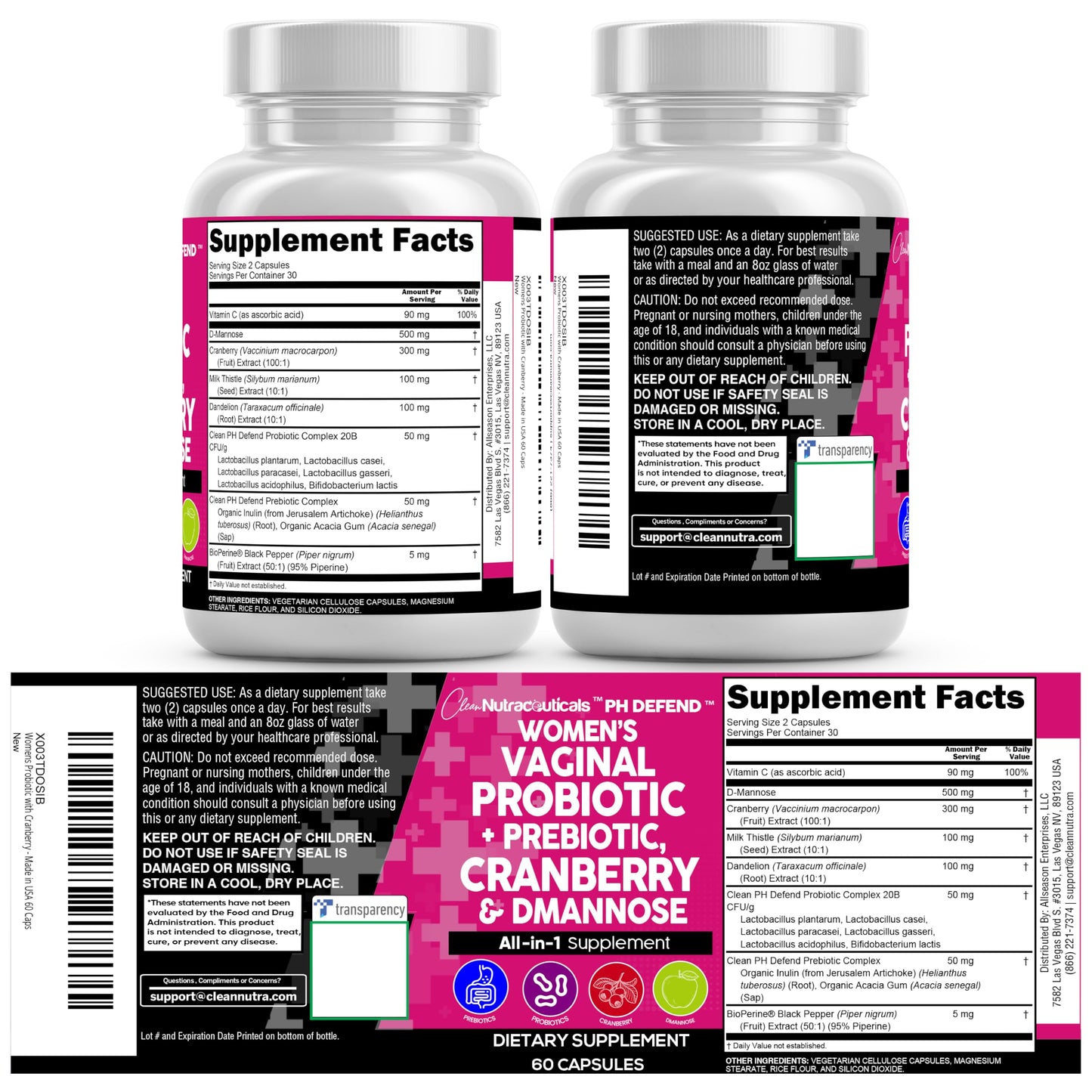 Clean Nutraceuticals Vaginal Probiotics + Prebiotics, 20B CFU Cranberry + D-Mannose Pills – 2-Pack
