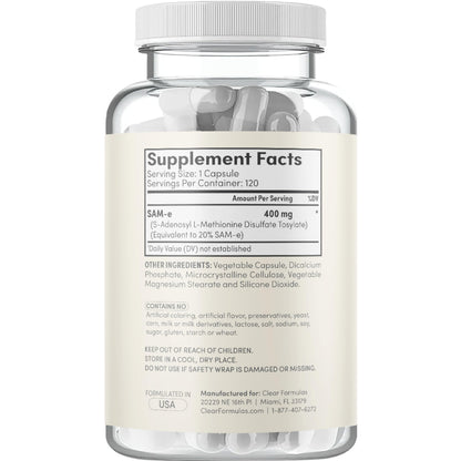 Clear Formulas Bioactive SAM-e 400mg | Mood & Liver Support | Vegan, Non-GMO | Made in USA