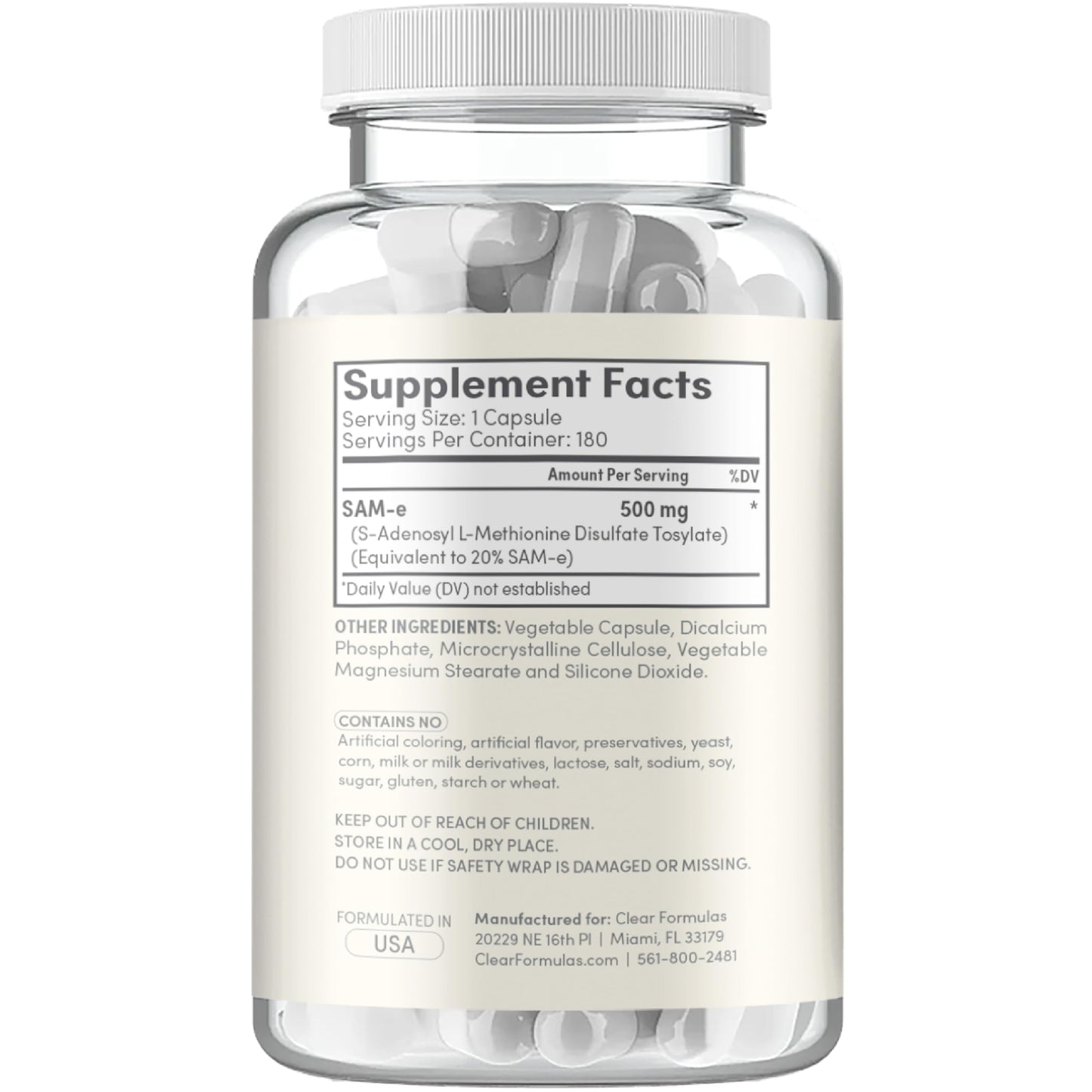Clear Formulas SAM-e 500mg - High Strength Bioactive SAM-e for Liver & Mood Support