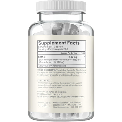 Clear Formulas SAM-e 500mg - High Strength Bioactive SAM-e for Liver & Mood Support
