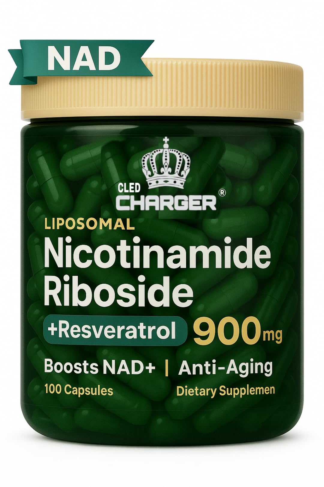 Cled Charger Liposomal NAD+ Booster – Liposomal NAD+ Supplement with Nicotinamide Riboside, Resveratrol, and NMN Alternative | 100 Capsules