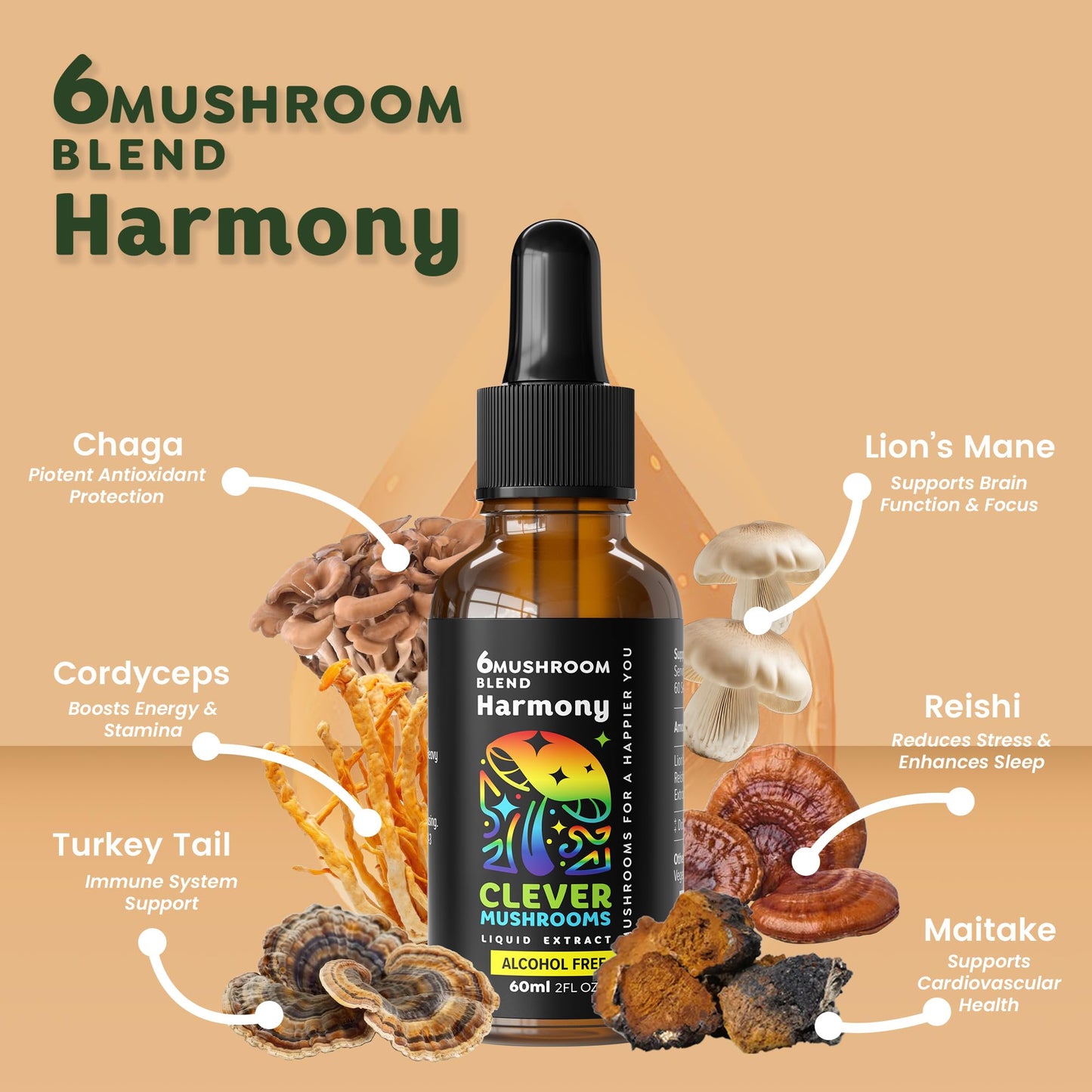 CLEVER MUSHROOMS 6 Blend Liquid Extract – Alcohol-Free, Immune Support & Cognitive Health