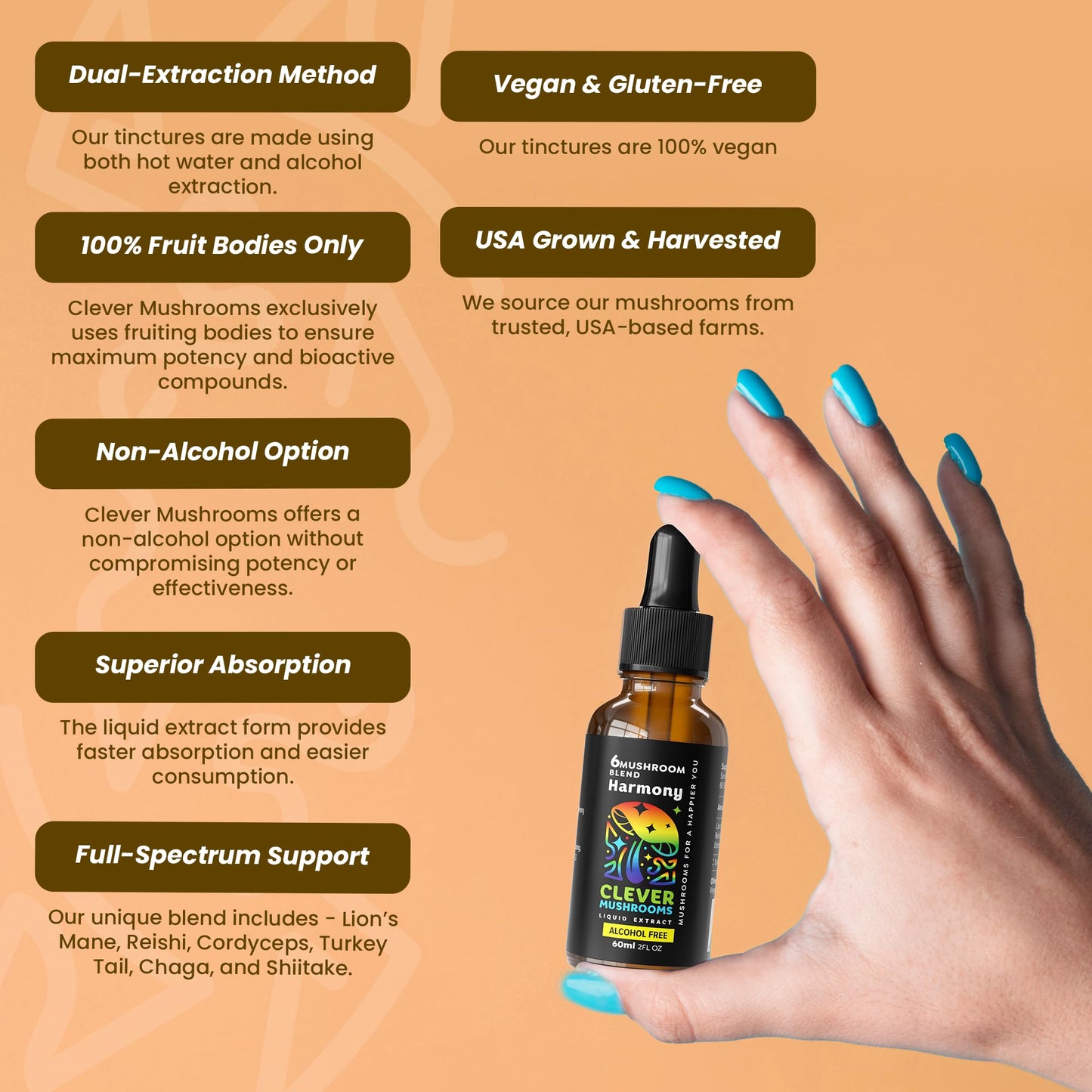 CLEVER MUSHROOMS 6 Blend Liquid Extract – Alcohol-Free, Immune Support & Cognitive Health