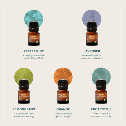 Cliganic Organic Essential Oils Set (Top 5 Classics) – 100% Pure & USDA Organic | Peppermint, Lavender, Eucalyptus, Lemongrass & Orange