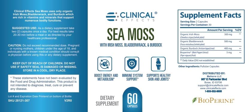Clinical Effects Sea Moss Capsules – Organic Irish Sea Moss with Bladderwrack & Burdock Root (Bioperine) – Thyroid, Heart Health, Weight Management, Energy – 60ct USA