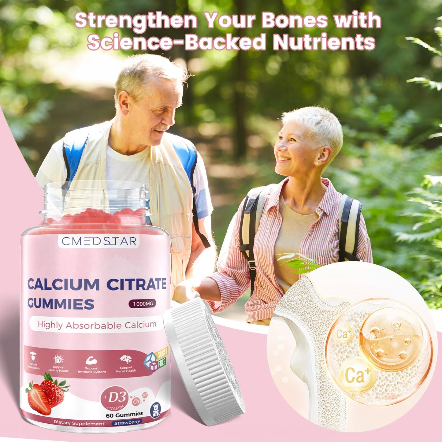 CMEDSTAR Calcium Citrate Gummies 1000mg with D3 & K2 | Magnesium & Zinc | Vegan Strawberry 60 Count