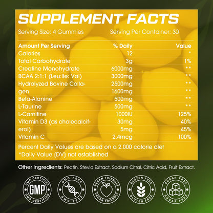 CNFDHI Creatine Gummies Monohydrate 6000MG, Pre-Workout for Women, Collagen, L-Taurine, BCAA 2:1, B12& Vitamin C for Muscle Support, Enhance Strength, Energy Boost, 30 Days Supply
