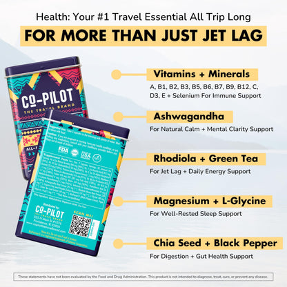 Co-Pilot Travel Brand 2 Pack - Jet Lag Prevention, Ashwagandha, Rhodiola, D3+ for Immune Support | Vegan 120 Count