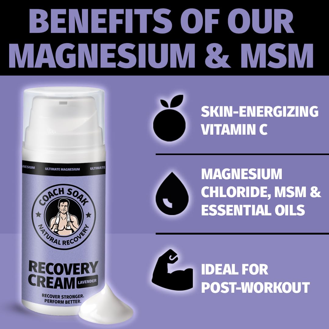 Coach Soak Magnesium Cream with MSM | Fast-Absorbing Lavender Recovery for Muscles & Joints (3.4oz)