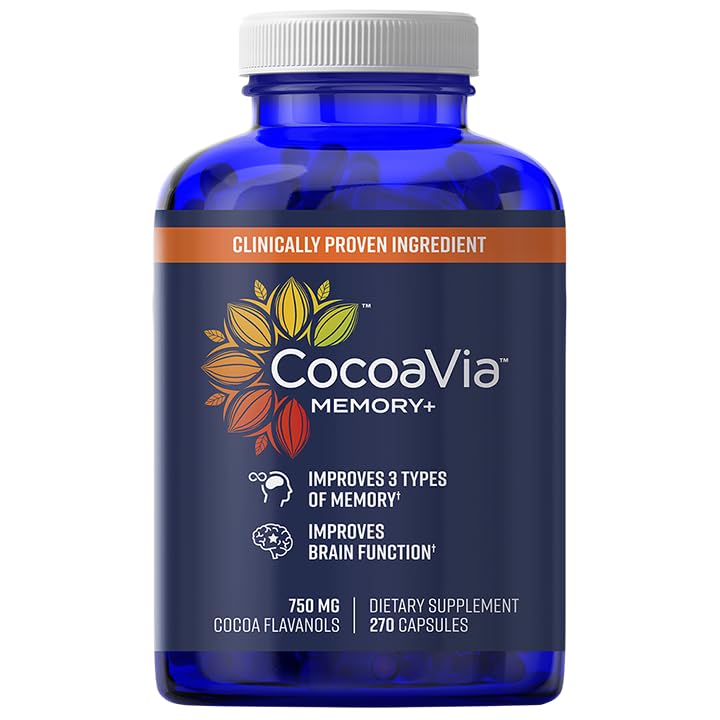 CocoaVia Memory+ Brain Supplement, 90 Day, 750 mg Cocoa Flavanols, Memory & Brain Booster, Vegan, Plant Based, Gluten Free, 270 Capsules