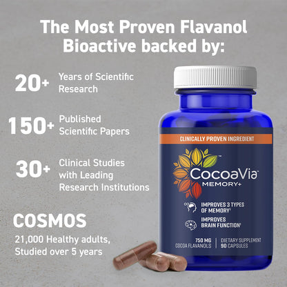 Memory+ Brain Supplement by CocoaVia | Clinically Proven 750 mg Cocoa Flavanols, Sugar Free, Vegan, 60-Day Supply