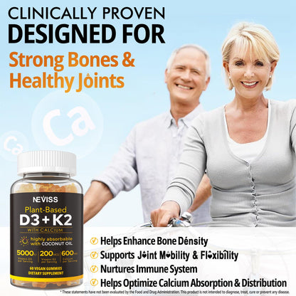 Vitamin D3 5000iu & K2 MK7 Gummies + Calcium – Vegan, High-Absorption 60 Count