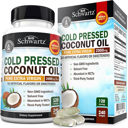Coconut Oil Capsules 2000mg – Organic Pure Extra Virgin Cold-Pressed MCT, Non-GMO (240ct, 4-Month Supply)