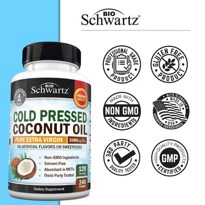 Coconut Oil Capsules 2000mg – Organic Pure Extra Virgin Cold-Pressed MCT, Non-GMO (240ct, 4-Month Supply)