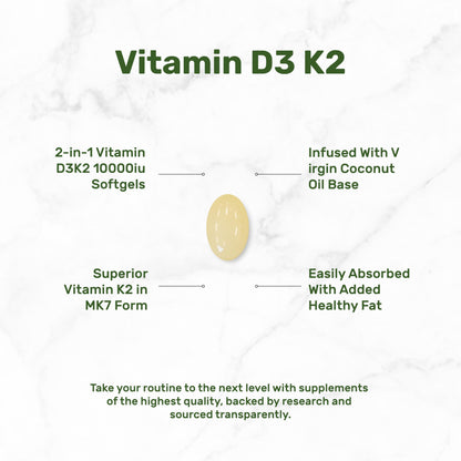 DEAL SUPPLEMENT Vitamin D3 10,000 IU + K2 MK7 200mcg Softgels – 2-in-1 Coconut Oil Carrier, 250 Count